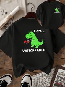 Green Tyrannosaurus Rex With Red Gloves Symbolizing Inner Strength And Self-Improvement, Displaying Positive Energy And A Cheerful Face To Inspire Confidence And A Firm Attitude. Women's T-Shirt With A Comfortable, Casual Double-Print Design. - 黑色 - 查看 8