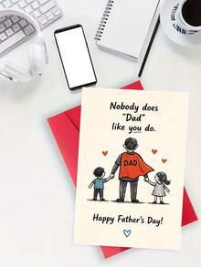1 pieza, Tarjeta del Día del Padre "Feliz Día del Padre" dibujada a mano. Incluye sobre, papel de arte premium. Diseño de boceto de papá con capa y niños. Perfecto para celebrar la paternidad - la tarjeta adorable ideal (12cm/4.7in X 17cm/6.7in) - Sobre rojo - Ver 4