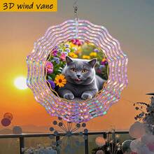 1个3D英国短毛猫花园/室内悬挂装饰品,带360°旋转挂钩 - 10英寸圆形铁艺金属装饰品,适用于拱门、花园、婚礼、圣诞节、复活节及全年使用 - 吐舌设计,无需电池/电源(不含吊坠),款式随机。 - A - 查看 7