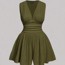 MOD Olive Green V-Neck Ruched Waist Short Jumpsuit For Plus Size Women - Verde militar - Ver 2