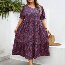 CURVE+ Curve Size US22Music Festival, Seaside Vacation, Bohemia Women's Ditsy Floral Round Neck Short Puff Sleeve Casual Dress, Ladies Summer Sundress - Morado - Ver 8