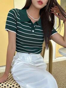 Blusa de punto de manga corta con cuello polo para mujer, de vestir informal - Verde - Ver 5