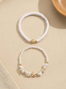 2pcs/Set Asymmetrical Beaded Turquoise & Starfish Anklets, Versatile Beach Style Suitable For Daily, Summer, Beach Travel - White - View 3