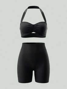 UONNOU Bộ đồ thể thao nữ 2 món, áo bra thể thao crop top dây mảnh hở lưng gợi cảm & quần short cạp cao định hình, phù hợp cho yoga, gym, chạy bộ, tập luyện, mặc thường ngày phong cách casual, mùa xuân/hè - màu đen - Xem 3