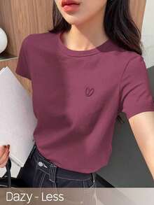 Y2K Style, Modern Style, The Newest Of 2026, Cute Style, Casual Style. Women's Loose-Fitting Casual Summer T-Shirt With Embroidered Heart And Letter Pattern, Red, 180g (S-XXXL) - 紫色 - 查看 6