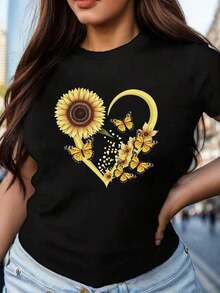 Camiseta de mujerCamiseta de Mujer con Girasoles y Mariposas - Blusa Casual de Cuello Redondo, Tejido Suave y Transpirable Adecuado para Todas las Estaciones, Ropa Casual Lavable a Máquina y Top para ExterioresCómoda y ligera - Negro - Ver 9