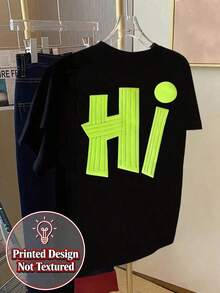 Gift Short Sleeve Printed T-Shirt [Double Print On Front And Back] -  Fluorescent Green Print - Fashionable Printed T-Shirt For Women Spring/Summer, Fashion Item - Unisex Loose Cotton Short Sleeve Crew Neck T-Shirt Vintage Urban Soft - 黑色 - 查看 3