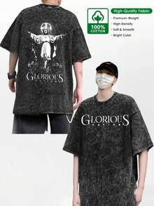 Camiseta vintage lavada, diseño de temática cristiana, unisex, estilo gótico rock. Es una camiseta de manga corta de gran tamaño, adecuada para el estilo callejero de hip-hop. Camiseta unisex de algodón holgada de manga corta y cuello redondo estilo vintage urbano - Negro - Ver 4