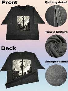 Vintage Distressed Black T-Shirt With Crucifixion Graphic, Unisex Religious-Themed Clothing - Vintage Street Style Unisex Loose Cotton Short Sleeve Crew Neck T-Shirt - 黑色 - 查看 6