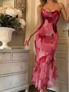 Vestido de tubo con estampado degradado, cuello asimétrico y cruzado, y cola de para mujer - Multicolor - Ver 2