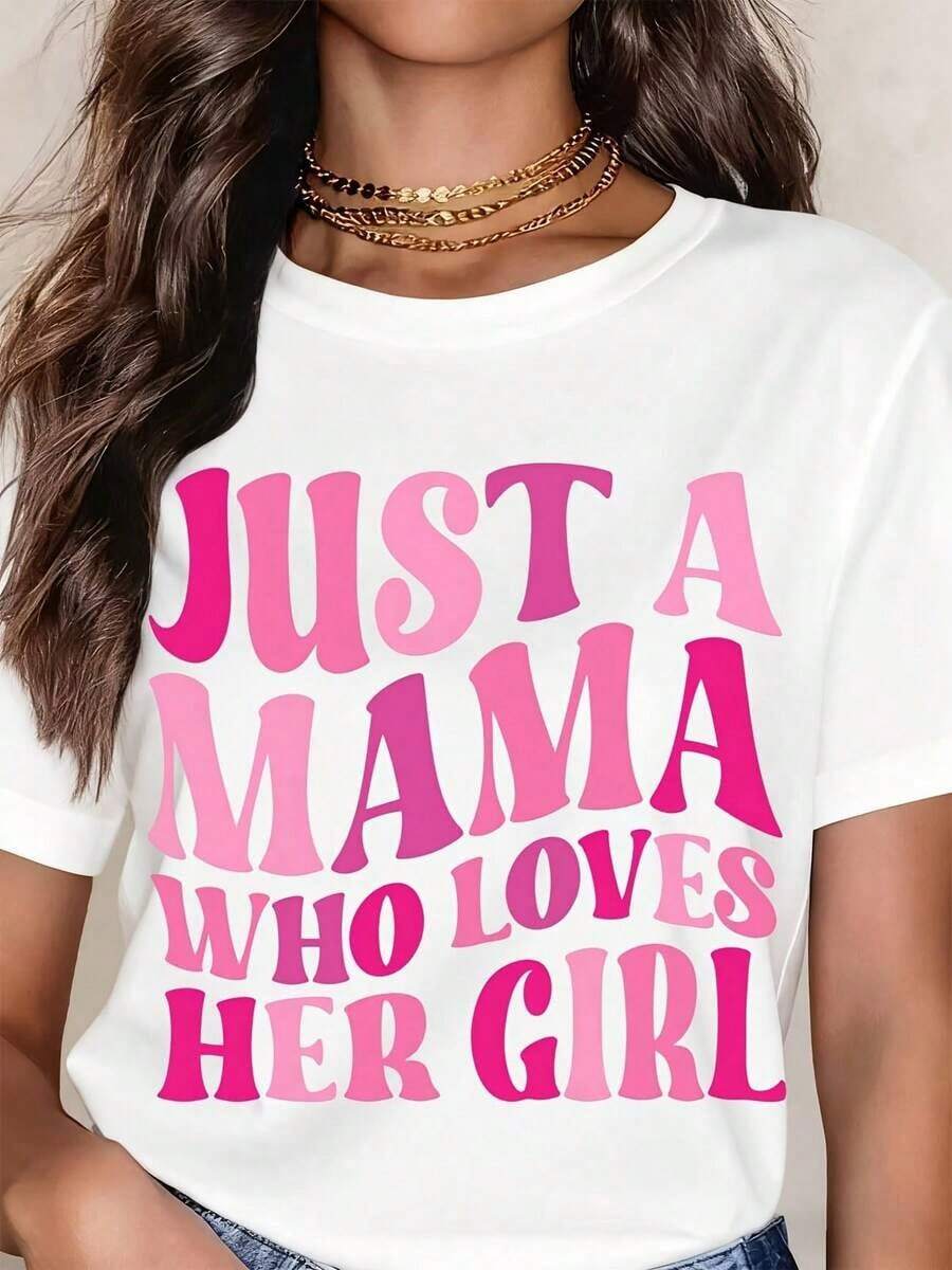 Women's T-Shirt "Just A Mama Who Loves Her Girl" White T-Shirt With Pink Print Casual Clothes For Moms, Mother And Daughter Outings, Family Time - 白色 - 查看 1
