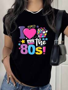 Gráficos coloridos con mensaje nostálgico que celebra la energía vibrante de los a?os 80 con cinta de casete y cuboágico Camiseta de mujer de exterior de% algodón durable y cómoda para actividades urbanas-Vintage Street Style Unisex Loose Cotton Short Sleeve Crew Neck-Shirt - Negro - Ver 1
