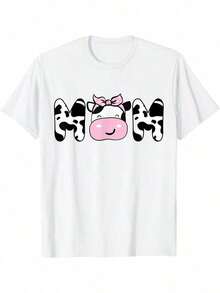 Camia Divertida de Cumpleaños para Mamá Vaca - Blanca con Gráfico de Vaca Rosa y Lazo, Camia Casual de Manga Corta y Cuello Redondo para Mujer, Lavable a Máquina, Regalo de Cumpleaños para Adultos, Regalo Humorístico| Camia Divertida para Mamá| Camia tipo pullover, ropa con estampado de vaca, ropa casual para el hogar para mujeres, transpirable y cómoda. - Blanco - Ver 1