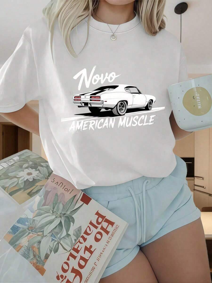 Camiseta de manga corta con cuello redondo para mujer, camiseta con diseño de coche clásico americano, camiseta gráfica casual para mujer, diseño de coche clásico en negro, top de moda. Los estampados divertidos son adecuados para fiestas de Navidad, actividades deportivas, fiestas de vacaciones, salidas, deportes y otros regalos navideños (220g). - Blanco - Ver 1