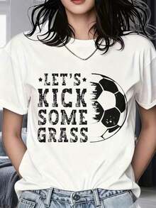 Camiseta de Fútbol "Lets Kick Some Grass" para Mujer, para Fanáticas del Deporte, Ropa Casual - Blanco - Ver 1