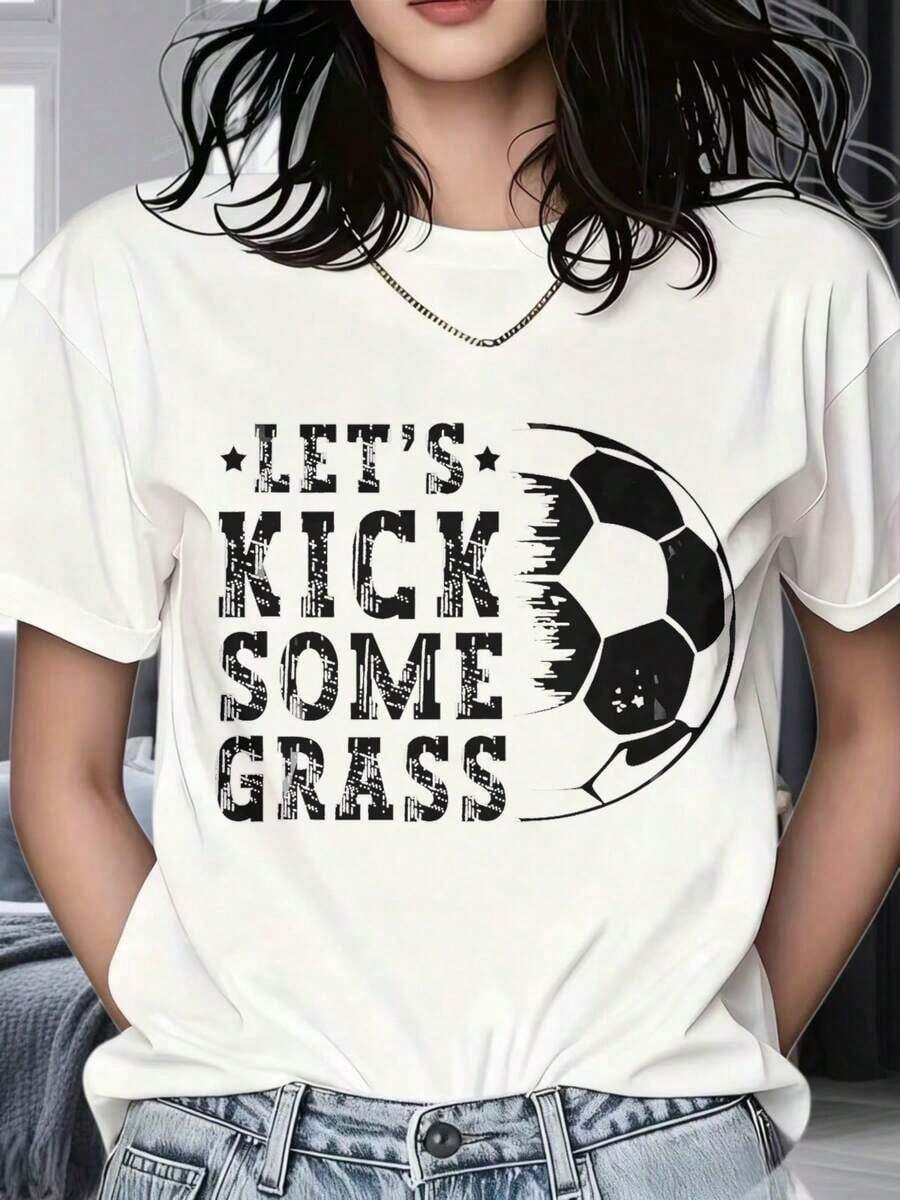 Camiseta de Fútbol "Lets Kick Some Grass" para Mujer, para Fanáticas del Deporte, Ropa Casual - Blanco - Ver 1