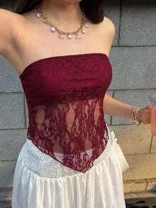 Top bandeau ajustado con bajo asimétrico de tela de encaje sexy y casual, color marrón - Burdeos - Ver 8