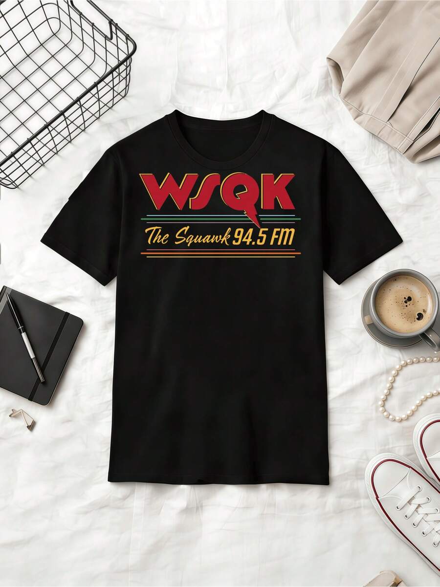 WSQK The Squawk 94.5FM Retro Radio Logo Cotton Summer Short Sleeve T-Shirt - Black - View 1