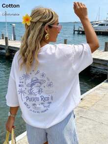 Camiseta para Mujer con Estampado Urbano, Cuello Redondo, Manga Corta, Diseño Oversized, Ideal para Verano - Blanco - Ver 9