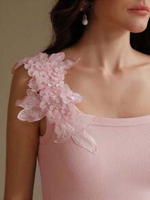 Camiseta de punto de costilla con bordado, de ajuste ceñido, de moda - Rosa - Ver 2