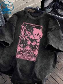 Camiseta de manga corta para mujer, lavada al agua, cuello redondo vintage con diseño gráfico rosa, ideal para uso casual en la sala de estar, hecha de tela suave, color negro - Negro - Ver 2