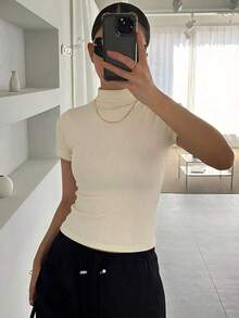 Camiseta negra de manga corta, ajustada, de cuello alto y unicolor, para uso diario y casual en verano - Albaricoque - Ver 5