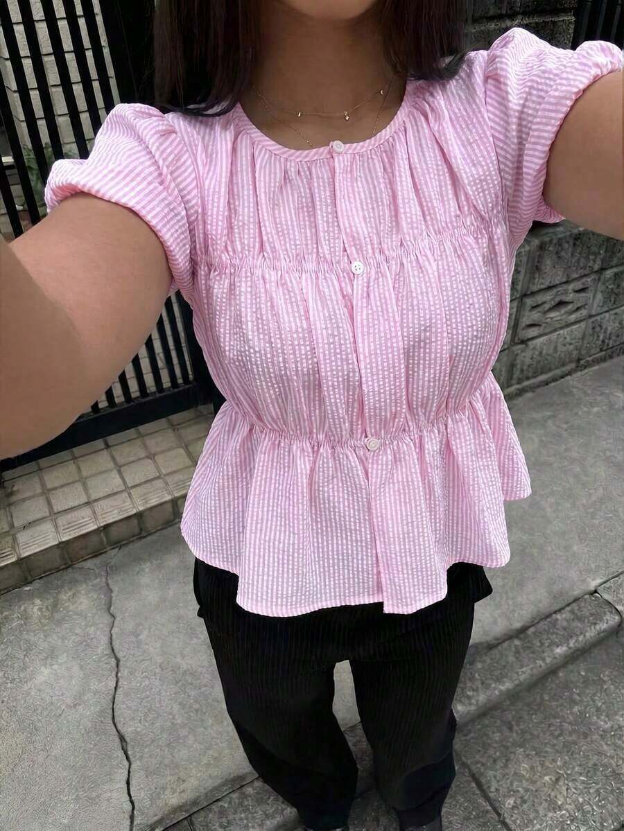 Camisa de mujer con mangas cortas y rayas, uso casual de oficina - Rosa - Ver 1