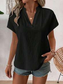 Blusa de mujer de unicolor con textura y cuello en V de manga corta versátil - Negro - Ver 3