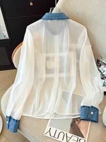 Camisa de efecto de mezclilla de parchwork casual para mujer, otoño/invierno - Blanco 4 - Ver 2