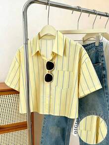 Camisa casual de mujer de unicolor, de manga corta, con hombros caídos y botones delanteros, para verano - Multicolor - Ver 1