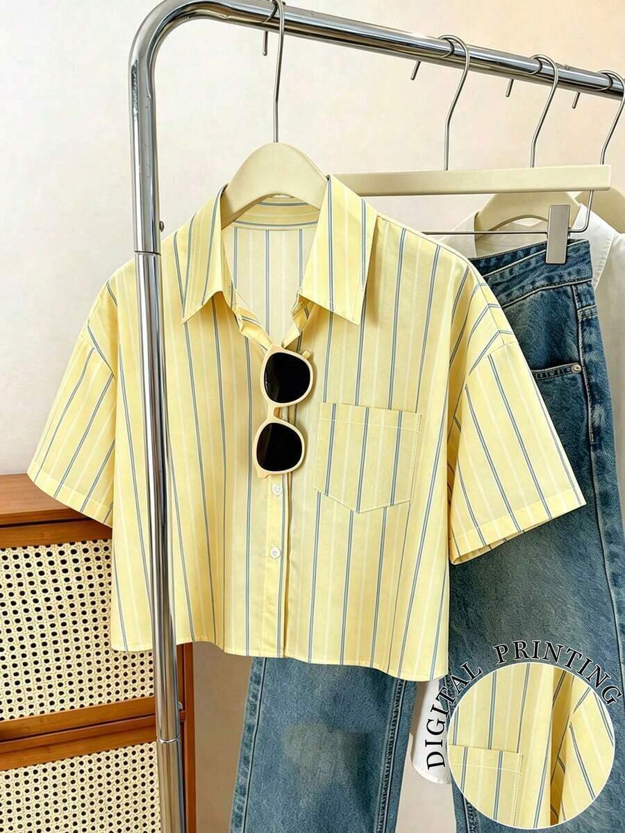 Camisa casual de mujer de unicolor, de manga corta, con hombros caídos y botones delanteros, para verano - Multicolor - Ver 1
