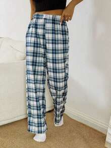 Pantalones de estar por casa rectos de cintura elástica con estampado de cuadros para mujer, para invierno - Multicolor 2 - Ver 5