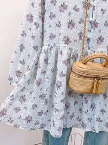Blusa de mujer con cuello en V de gasa con estampado floral romántico, manga farol, corte holgado y silueta favorecedora, adecuada para uso casual, de calle y de oficina en vacaciones de verano - Celeste - Ver 7