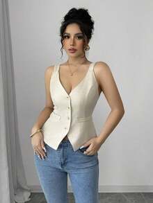 Camiseta sin mangas de un solo pecho de unicolor casual para mujer - Albaricoque - Ver 5