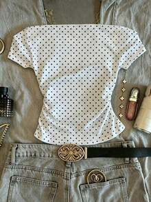 Camiseta de moda con estampado de labios de hombros descubiertos en negro para mujer, de verano - Blanco - Ver 2