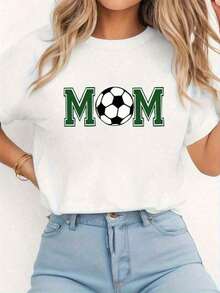 1 pieza de camiseta gráfica para mujer "Fútbol Mom" - Camiseta casual de manga corta con cuello redondo y diseño de balón de fútbol verde, estampado blanco y negro para primavera/verano, ropa casual. |     Camiseta de cuello redondo |     Durable Fabric180g Algodón 100% - Blanco - Ver 1