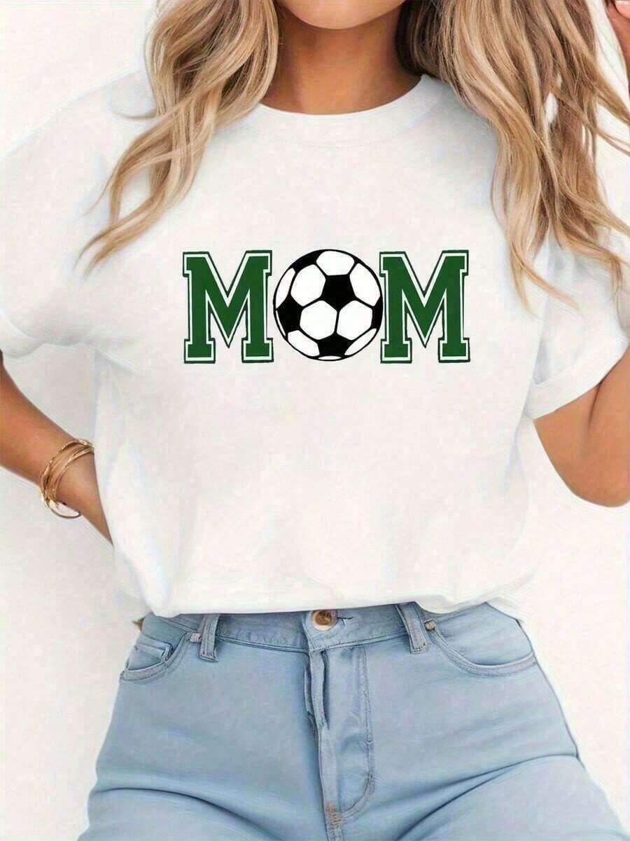 1 pieza de camiseta gráfica para mujer "Fútbol Mom" - Camiseta casual de manga corta con cuello redondo y diseño de balón de fútbol verde, estampado blanco y negro para primavera/verano, ropa casual. |     Camiseta de cuello redondo |     Durable Fabric180g Algodón 100% - Blanco - Ver 1