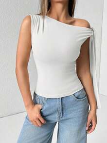 Top de hombro asimétrico con tirantes de atar de unicolor para mujer - Blanco - Ver 3