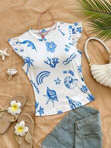 Camiseta casual de mujer con cuello redondo, mangas de volantes y estampado floral, blusas florales para mujer, blusas con mangas de volantes, para salir, blusas de manga corta lindas - Azul y blanco 3 - Ver 8