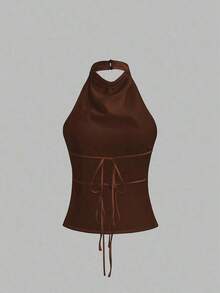 Camiseta sin espalda con lazo, de satén de unicolor, con drapeado halter elegante - Marrón - Ver 2