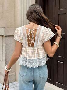 Blusa suelta de unicolor con contraste de encaje y lazo en la espalda para mujer - Caqui - Ver 1