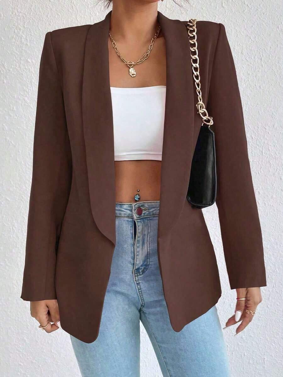 Chaqueta de traje informal con solapa verde con estampado de frutas, abotonadura sin abrochar, estilo suelto y casual, para primavera y otoño, versátil para el trabajo y el día a día, con un estilo maduro y ligero - Marrón Chocolate - Ver 1