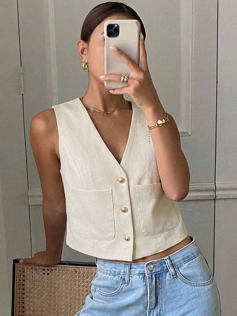 Chaqueta ajustada sin mangas de cuello redondo de unicolor para mujer, primavera y verano - Albaricoque - Ver 1