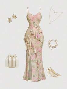 Vestido largo con abertura alta, cuello en V y volantes, con estampado de teñido anudado, vestidos de verano para mujer, vestidos en tonos pastel, vestido de fiesta, atuendo de fiesta, vestido de playa, atuendos de playa para mujer, vestidos ele - Multicolor 3 - Ver 6