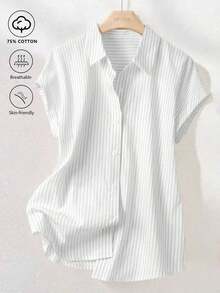 Camisa de manga corta a rayas vintage, de moda para ir al trabajo en verano - Blanco - Ver 9