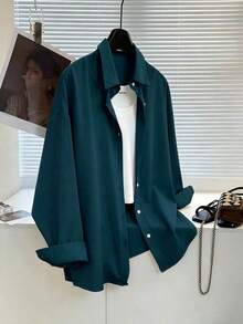 Camiseta holgada de manga larga de unicolor con un solo pecho para mujer - Azul marino - Ver 6