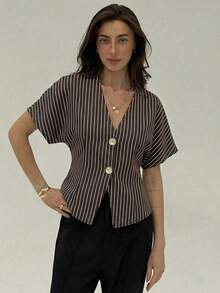 Camisa blanca sólida con mangas de murciélago, doble botonadura y frente abierto elegante - Marrón - Ver 8