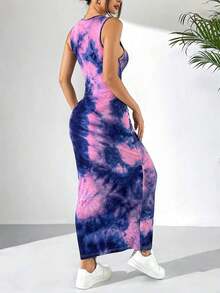Vestido largo ajustado de mujer de verano con estampado de teñido anudado - Multicolor - Ver 2