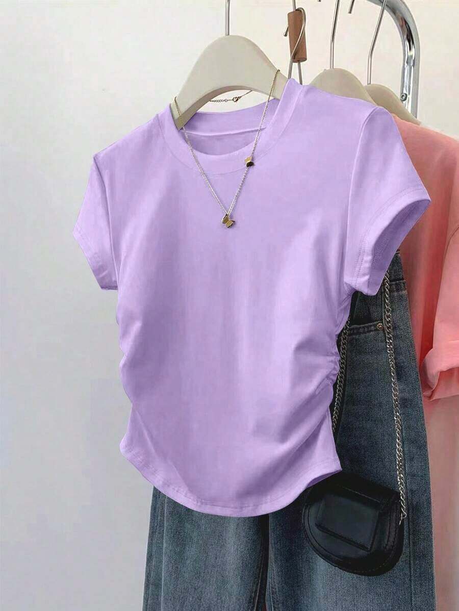 Ropa exterior para mujer, nueva llegada de verano, camiseta ajustada con pliegues, estilo elegante y versátil, fotografía de calle, imprescindible, temporada de vuelta al colegio, 100% llamativa, camiseta de mujer de manga corta para verano - Morado - Ver 1