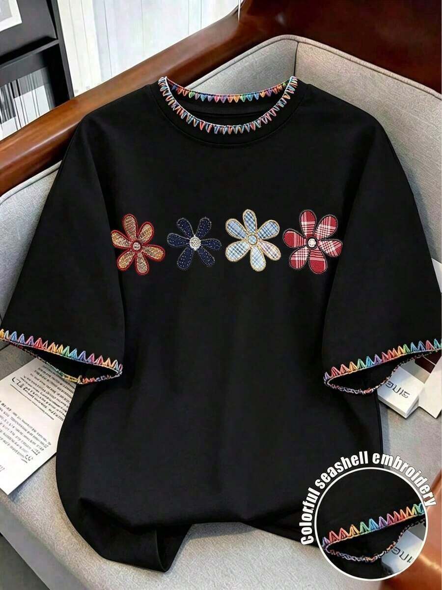 Camiseta de mujer de cuello redondo con estampado de contraste de color degradado de fresa, para verano - Negro - Ver 1